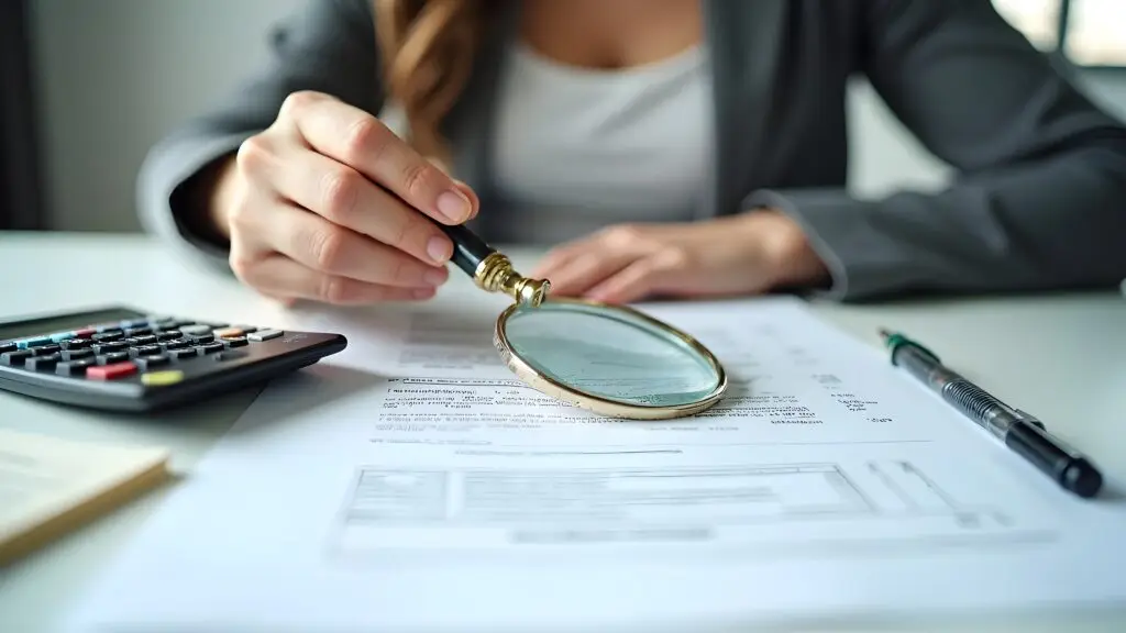 women's hands with a magnifying glass conducting a tax investigation on a table, symbolizing financial scrutiny and tax analysis